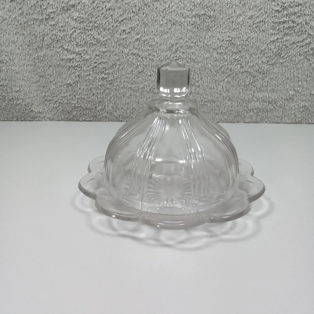 Vintage Clear Pressed Glass Round Butter Dish Scalloped Starburst Dome Lid 7.5